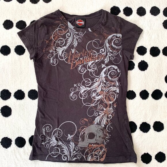 Harley Davidson Metallic Floral Scull Print Shirt Victoria BC Canada - Picture 1 of 11